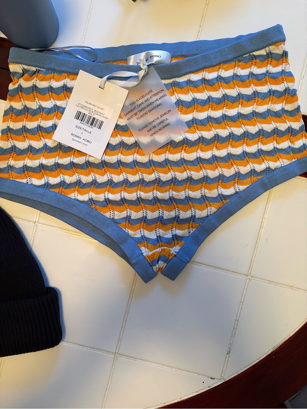 Ronny Kobo Collection Striped Knit Bike Shorts in Blue, Yellow & White